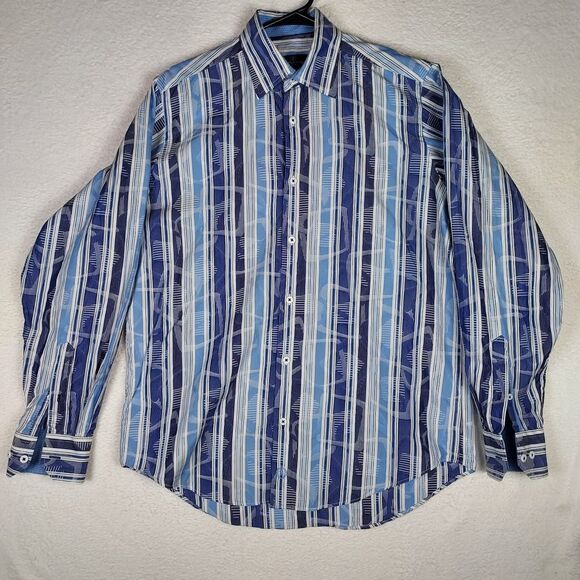 Bugatchi Mens Dress Shirts Striped Blue And White Button Down Size Small - Picture 1 of 9